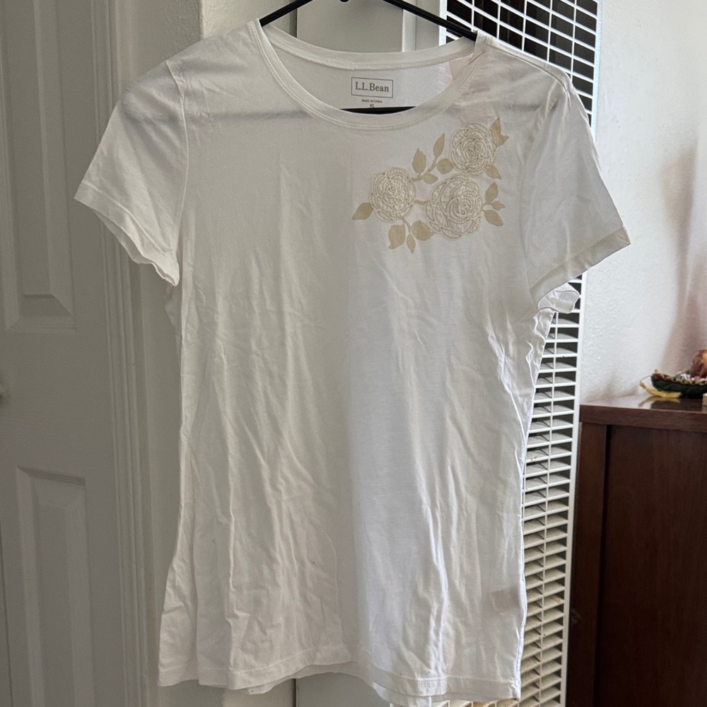 L.L. Bean Women's White Tee with Beige Floral Design